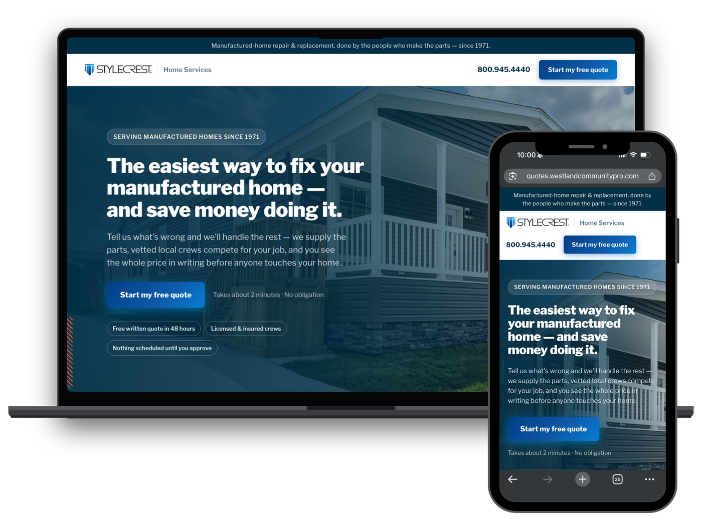 The StyleCrest repair request site shown on a laptop and a phone