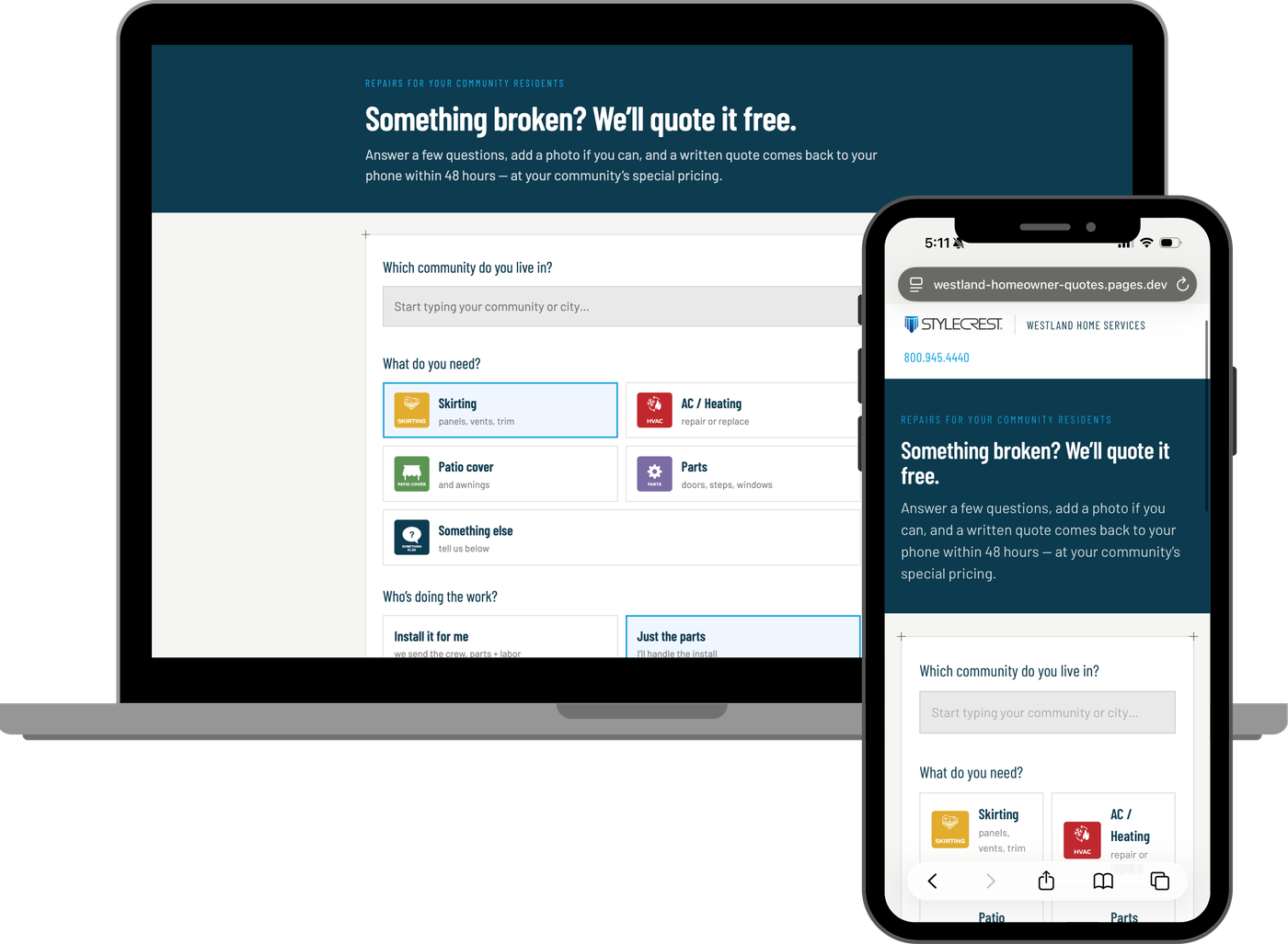 The Westland Home Services repair request site shown on a laptop and phone
